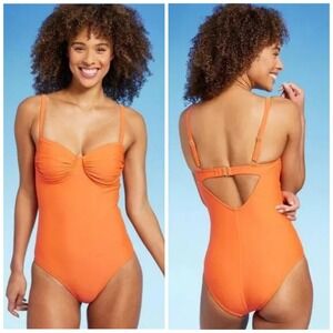 Kona Sol Orange Shirred Underwire‎ Medium Coverage One Piece Swimsuit Size M